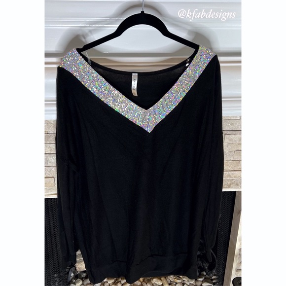 LAST ONE! V Neck Softest Black Top with Silver Sparkly Sequin Detail! - Picture 4 of 6